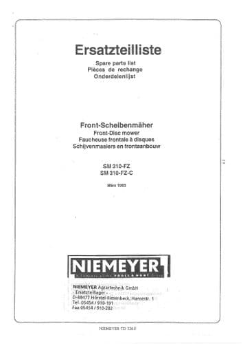 Niemeyer Front Disc Mower SM310FZ SM310FZC Parts Manual