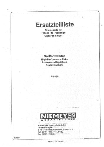 Niemeyer  Heavy Duty Rotary Rake RS620 Parts Manual