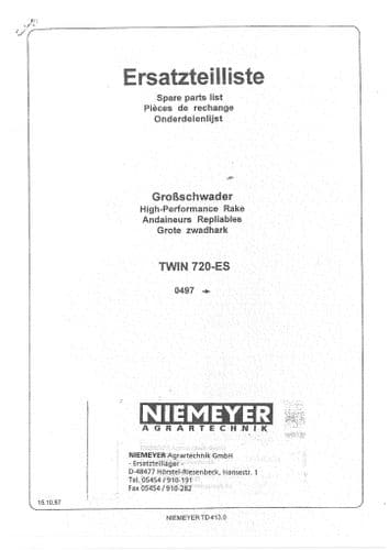 Niemeyer High Performance Rake Twin 720ES Parts Manual