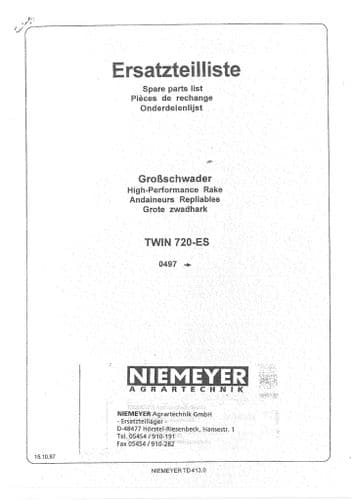 Niemeyer High Performance Rake Twin 720ES Parts Manual