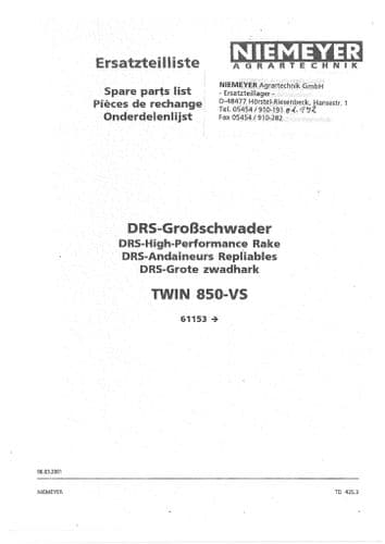Niemeyer High Performance Rake Twin 850VS Parts Manual