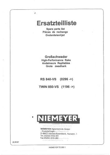 Niemeyer High Performance Rake Twin RS840VS & Twin 850VS Parts Manual