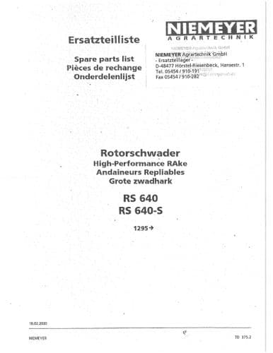 Niemeyer  High Performance Rotary Rake RS640 RS640S Parts Manual