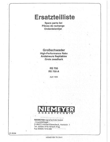 Niemeyer  High Performance Rotary Rake RS700 RS700A Parts Manual