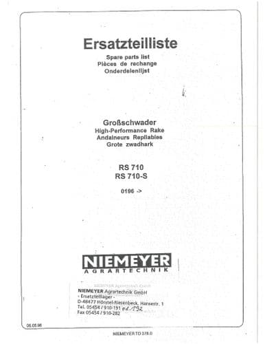 Niemeyer High Performance Rotary Rake RS710 RS710S Parts Manual