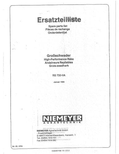 Niemeyer  High Performance Rotary Rake RS730VA Parts Manual