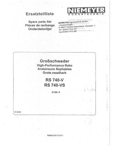 Niemeyer  High Performance Rotary Rake RS740V RS740VS Parts Manual