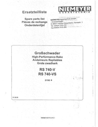 Niemeyer  High Performance Rotary Rake RS740V RS740VS Parts Manual