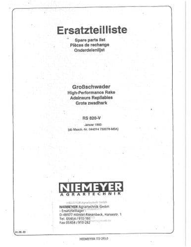 Niemeyer  High Performance Rotary Rake RS820V Parts Manual