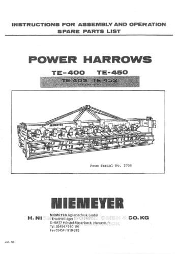 Niemeyer Power Harrow TE400 TE450 TE402 TE452 Operators Manual and Spare Parts List