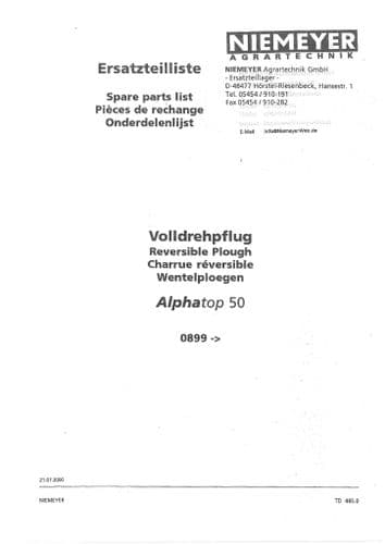 Niemeyer Reversible Plough Alphatop 50 Parts Manual