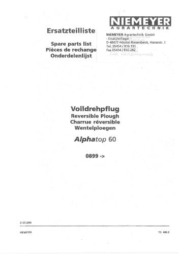 Niemeyer Reversible Plough Alphatop 60 Parts Manual