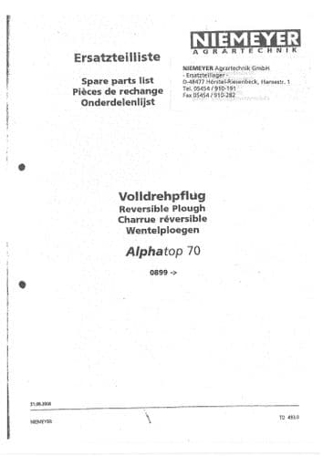 Niemeyer Reversible Plough Alphatop 70 Parts Manual
