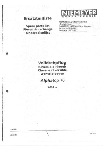 Niemeyer Reversible Plough Alphatop 70 Parts Manual
