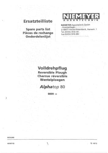 Niemeyer Reversible Plough Alphatop 80 Parts Manual