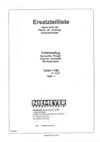 Niemeyer Reversible Plough Delta 1-180 Parts Manual