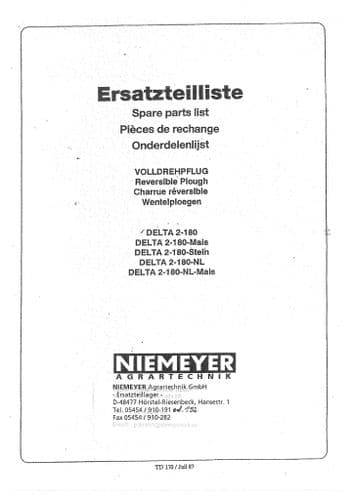 Niemeyer Reversible Plough Delta 2-180 Parts Manual