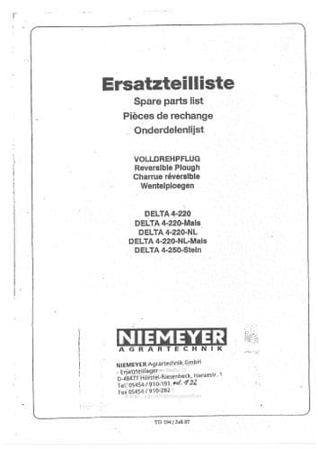 Niemeyer Reversible Plough Delta 2-180 Parts Manual