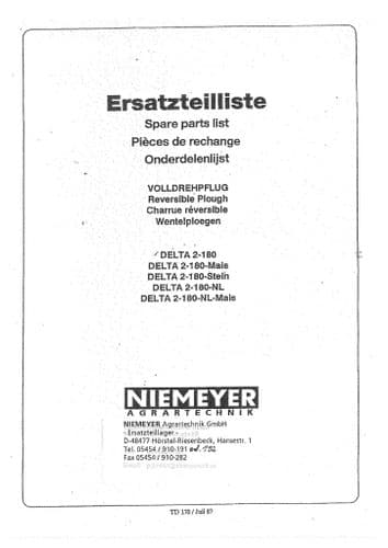 Niemeyer Reversible Plough Delta 2-180 Parts Manual