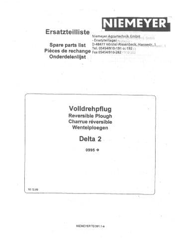 Niemeyer Reversible Plough Delta 2 Parts Manual