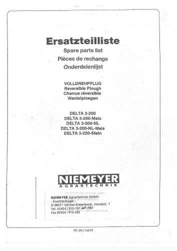 Niemeyer Reversible Plough Delta 3-200 Parts Manual