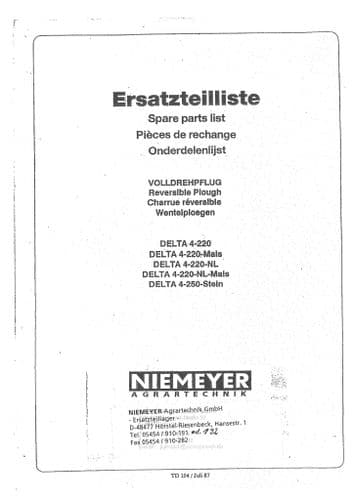 Niemeyer Reversible Plough Delta 4-220 Parts Manual