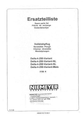 Niemeyer Reversible Plough Delta 4-250 Variant Parts Manual