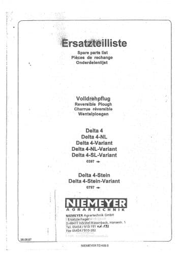 Niemeyer Reversible Plough Delta 4 Parts Manual
