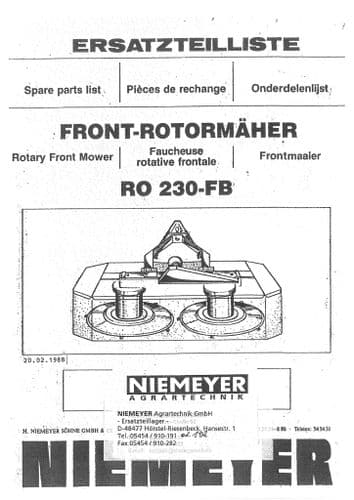 Niemeyer Rotary Front Mower RO230FB Parts Manual