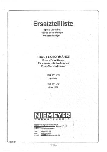 Niemeyer Rotary Front Mower RO251FB & RO251FZ Parts Manual