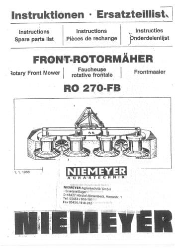 Niemeyer Rotary Front Mower RO270FB Parts Manual