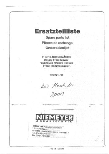Niemeyer Rotary Front Mower RO271FB Parts Manual