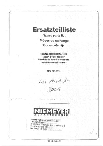 Niemeyer Rotary Front Mower RO271FB Parts Manual