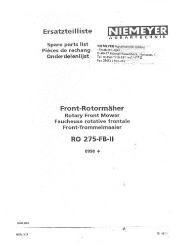 Niemeyer Rotary Front Mower RO275FB II Parts Manual