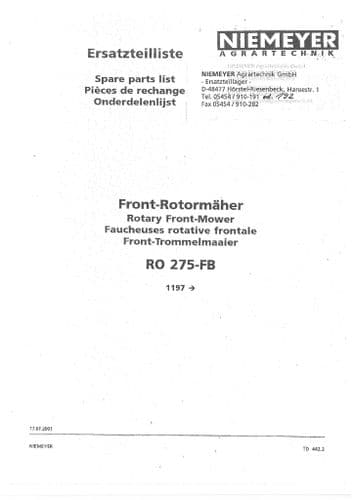 Niemeyer Rotary Front Mower RO275FB Parts Manual