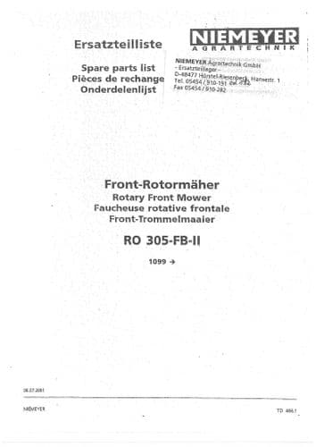 Niemeyer Rotary Front Mower RO305FB II Parts Manual