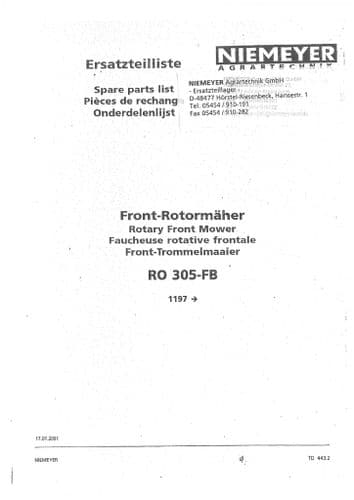 Niemeyer Rotary Front Mower RO305FB Parts Manual