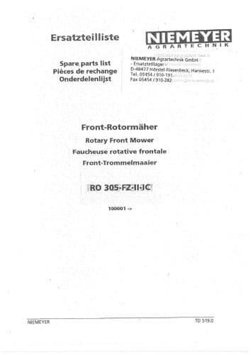 Niemeyer Rotary Front Mower RO305FZ II-IC Parts Manual