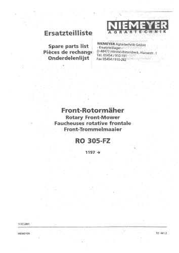 Niemeyer Rotary Front Mower RO305FZ Parts Manual