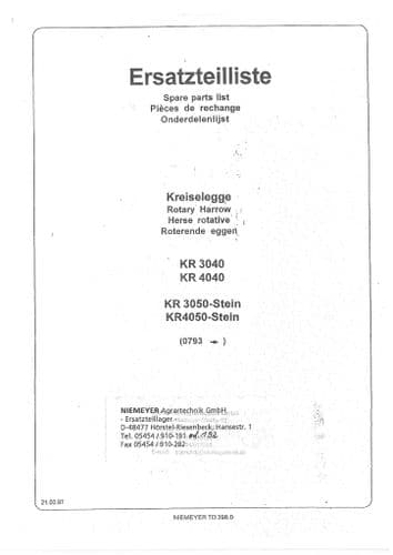 Niemeyer Rotary Harrow KR3040 KR4040 KR3050 KR4050 Parts Manual