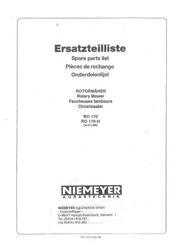 Niemeyer Rotary Mower RO170 RO170H Parts Manual