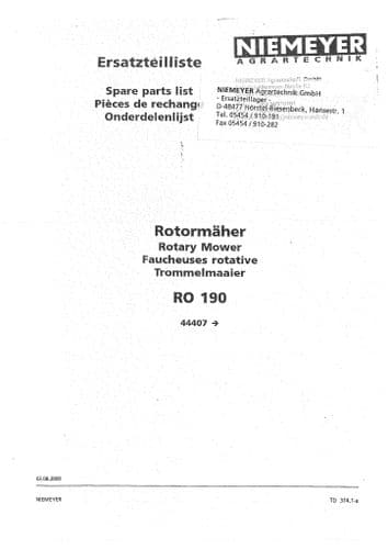 Niemeyer Rotary Mower RO190 Parts Manual