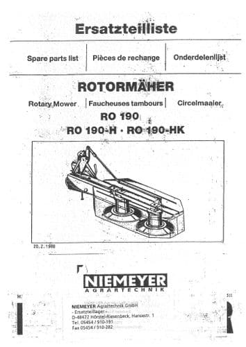 Niemeyer Rotary Mower RO190  RO190H RO190HK Parts Manual