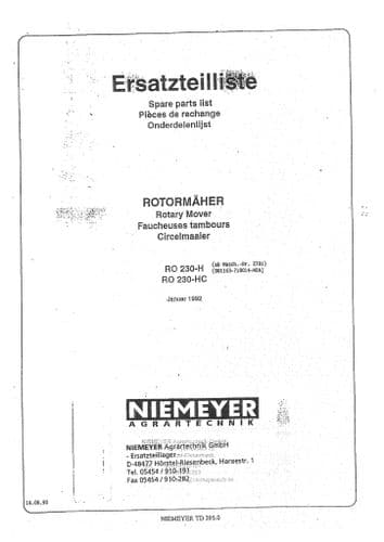 Niemeyer Rotary Mower RO230H RO230HC Parts Manual