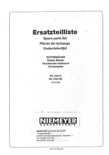 Niemeyer Rotary Mower RO230H RO230HK Parts Manual