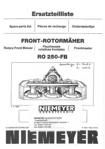 Niemeyer Rotary Mower RO250FB Parts Manual