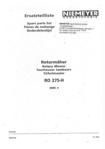 Niemeyer Rotary Mower RO275H Parts Manual
