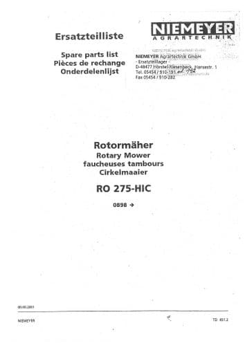 Niemeyer Rotary Mower RO275HIC Parts Manual
