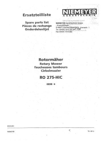 Niemeyer Rotary Mower RO275HIC Parts Manual