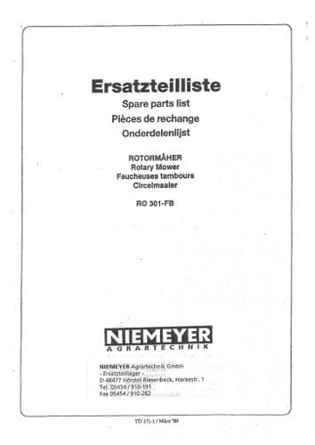 Niemeyer Rotary Mower RO301FB Parts Manual